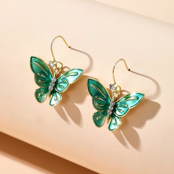 Any 2/$20! Gold & Green Butterfly Dangle Earrings - Picture 2 of 6